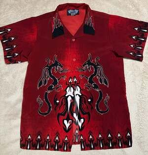 Silver Point Vintage Y2K Red Dragon Flame Tribal Button Up Shirt XL